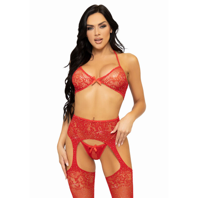 LEG AVENUE - SET TRES PIEZAS SUJETADOR, THONG AND MEDIAS TALLA SINGLE - NEGRO