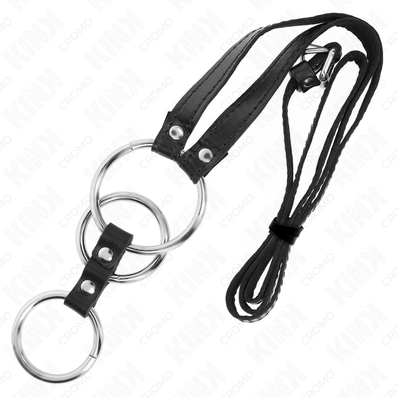 KINK - ANILLO TRIPLE DE METAL PARA EL PENE DE 3,8 CM A 5 CM CON CINTURÓN DE CUERO 112 CM