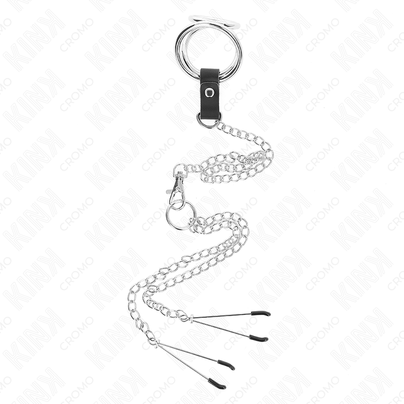 KINK - ANILLO PARA PENE DE METAL CROMADO TRIPLE DE 3 CM A 4,5 CM CON CADENA DE METAL DE 26 CM Y PINZAS PARA PEZONES