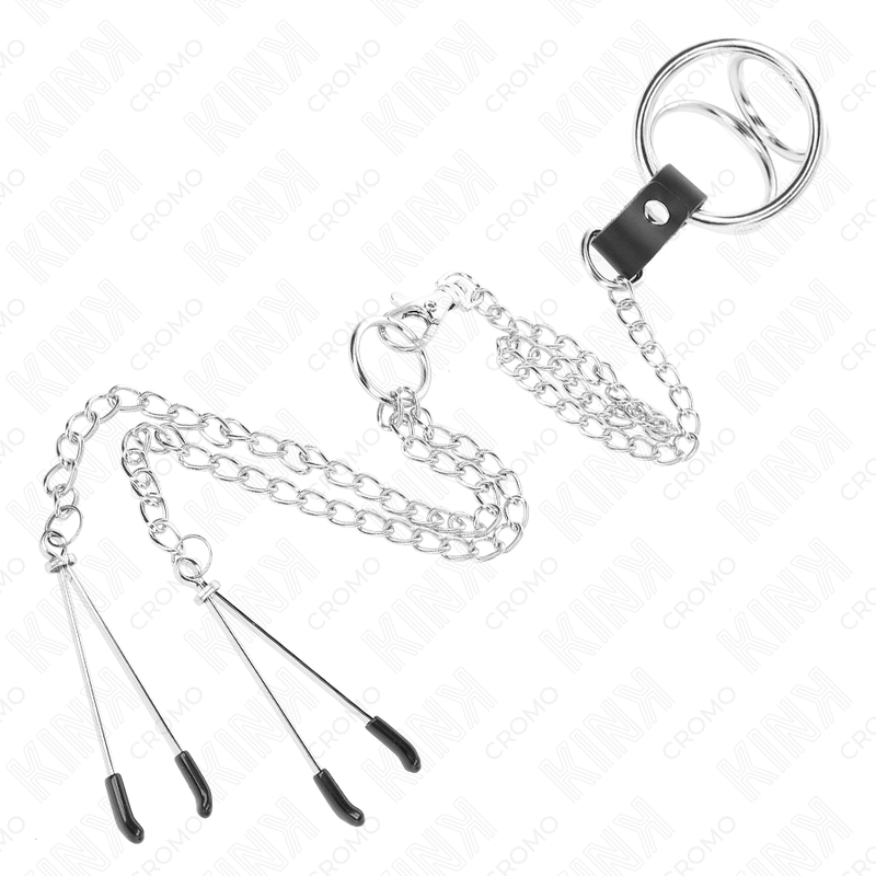 KINK - ANILLO PARA PENE DE METAL CROMADO TRIPLE DE 3 CM A 4,5 CM CON CADENA DE METAL DE 26 CM Y PINZAS PARA PEZONES