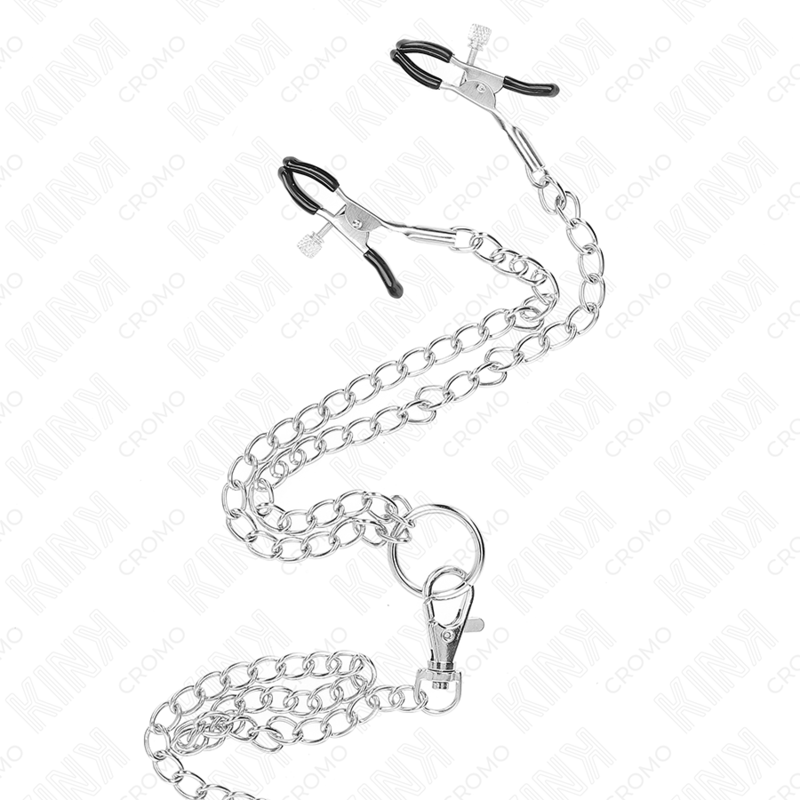 KINK - ANILLO TRIPLE PARA PENE DE METAL CROMADO DE 3,8 CM A 5 CM CON CADENA METÁLICA DE 26 CM Y PINZAS PARA PEZONES MODELO 1