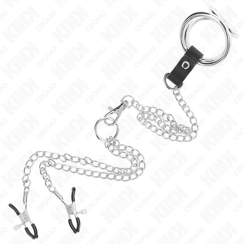 KINK - ANILLO TRIPLE PARA PENE DE METAL CROMADO DE 3,8 CM A 5 CM CON CADENA METÁLICA DE 26 CM Y PINZAS PARA PEZONES MODELO 1