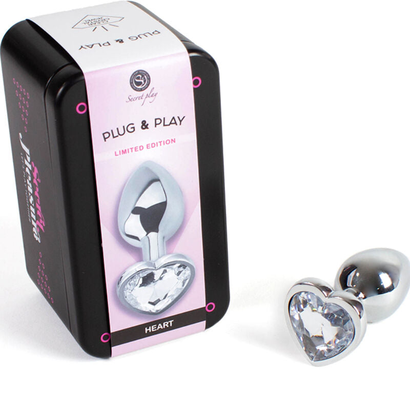 SECRETPLAY - PLUG ANAL DE METAL CON CORAZÓN DE CRISTAL TRANSPARENTE, TAMAÑO PEQUEÑO, 7 CM