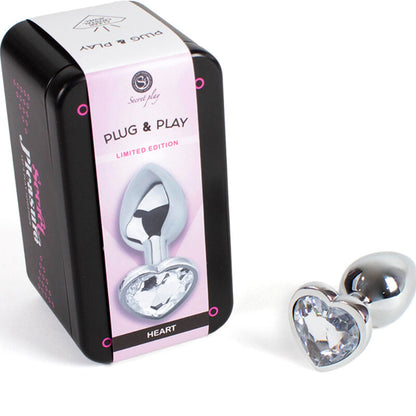 SECRETPLAY - PLUG ANAL DE METAL CON CORAZÓN DE CRISTAL TRANSPARENTE, TAMAÑO PEQUEÑO, 7 CM