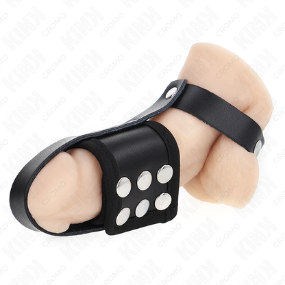 KINK - ANILLO DE CUERO PARA JAULA DE PENE CON CORREA DIVISORA DE BOLAS RECUBIERTA Y AJUSTABLE