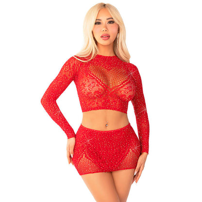 LEG AVENUE - TOP CORTO DE RED BRILLANTE + MINIFALDA ROJA