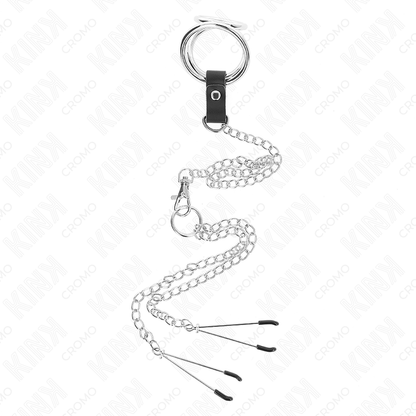 KINK - ANILLO PARA PENE DE METAL CROMADO TRIPLE DE 3 CM A 4,5 CM CON CADENA DE METAL DE 26 CM Y PINZAS PARA PEZONES
