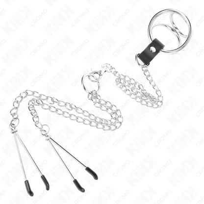 KINK - ANILLO PARA PENE DE METAL CROMADO TRIPLE DE 3 CM A 4,5 CM CON CADENA DE METAL DE 26 CM Y PINZAS PARA PEZONES
