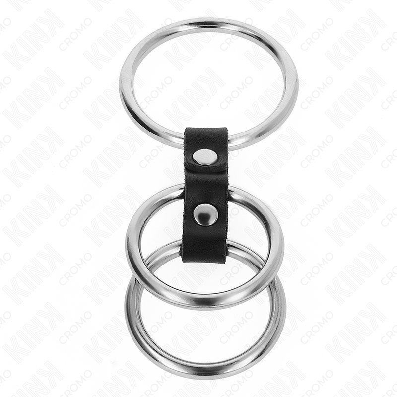 KINK - ANILLO TRIPLE DE METAL PARA EL PENE DE 1.5" A 2" CONECTADO CON CUERO