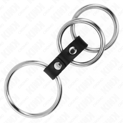 KINK - ANILLO TRIPLE DE METAL PARA EL PENE DE 1.5" A 2" CONECTADO CON CUERO