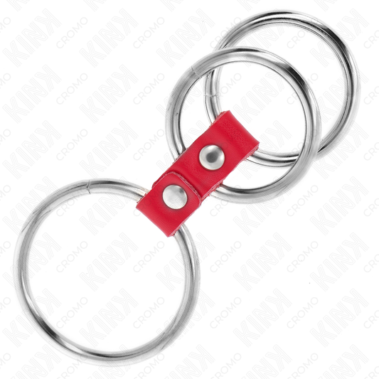 KINK - ANILLO TRIPLE DE METAL PARA EL PENE DE 1.5" A 2" CONECTADO CON CUERO ROJO