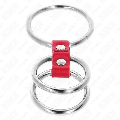 KINK - ANILLO TRIPLE DE METAL PARA EL PENE DE 1.5" A 2" CONECTADO CON CUERO ROJO