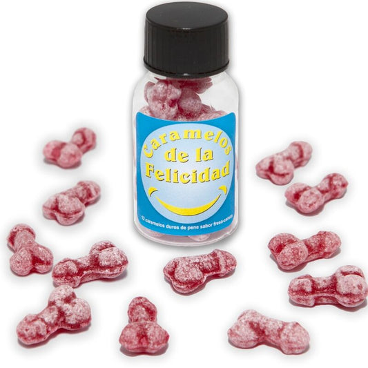 DIABLO PICANTE - BOTE CON 12 CARAMELOS DE FRESA/CEREZA EN FORMA DE PENE FELIZ
