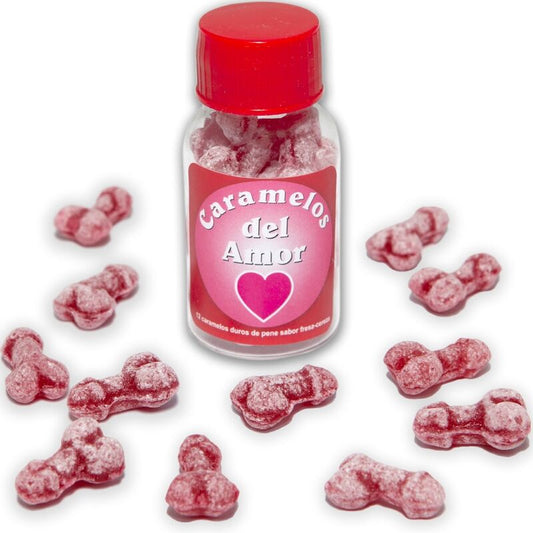 DIABLO PICANTE - 12 CARAMELOS DE AMOR CON FORMA DE PENE FRESA/CEREZA
