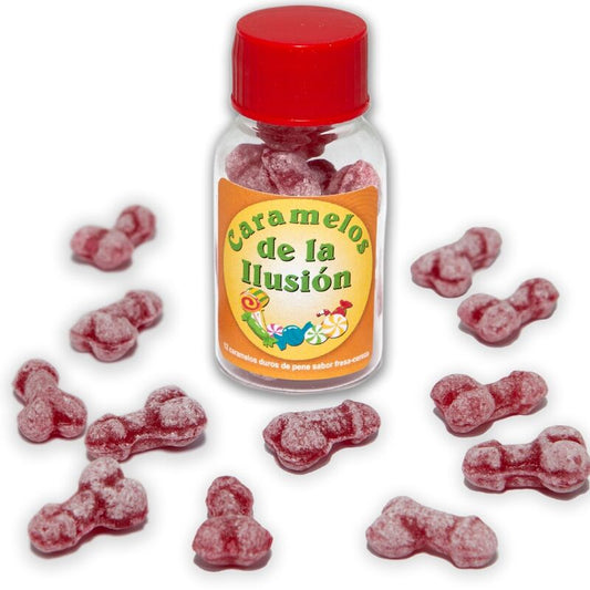 DIABLO PICANTE - 12 CARAMELOS ILUSTRADOS CON FORMA DE PENE DE FRESA/CEREZA