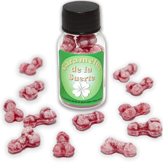 DIABLO PICANTE - 12 CARAMELOS DE LA SUERTE CON FORMA DE PENE FRESA/CEREZA