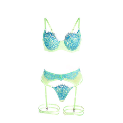 SUBBLIME - 955328 GREEN AND BLUE LACE BRA SET WITH GARTER LINES L/XL