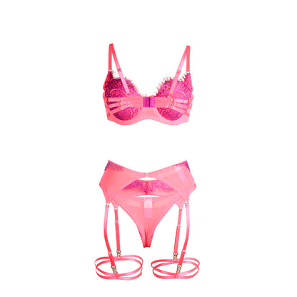 SUBBLIME - 955366 PINK AND PURPLE LACE BRA SET WITH GARTERS L/XL