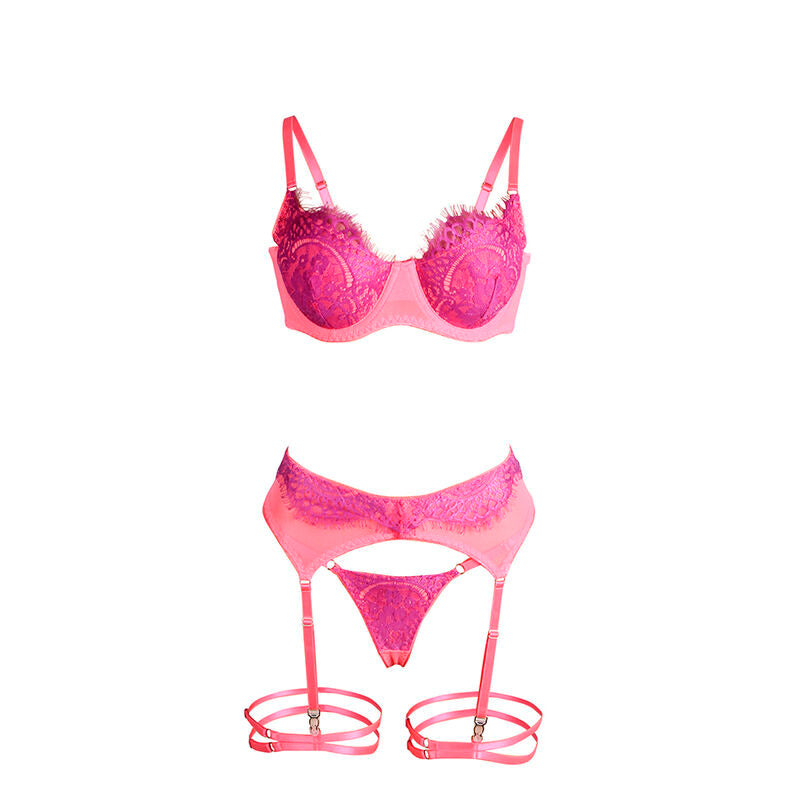SUBBLIME - 955366 PINK AND PURPLE LACE BRA SET WITH GARTERS L/XL