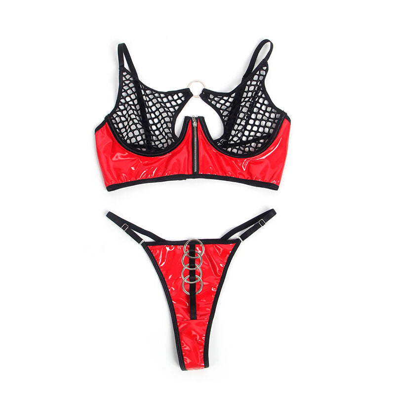 SUBBLIME - 955540 CONJUNTO DE SUJETADOR DE CUERO ROJO CON CREMALLERA DE MALLA L/XL