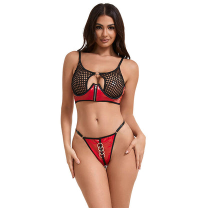 SUBBLIME - 955540 CONJUNTO DE SUJETADOR DE CUERO ROJO CON CREMALLERA DE MALLA L/XL