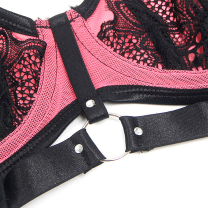 SUBBLIME - 955588 CONJUNTO DE SUJETADOR DE CUERO VERDE CON CREMALLERA DE MALLA ROSA L/XL