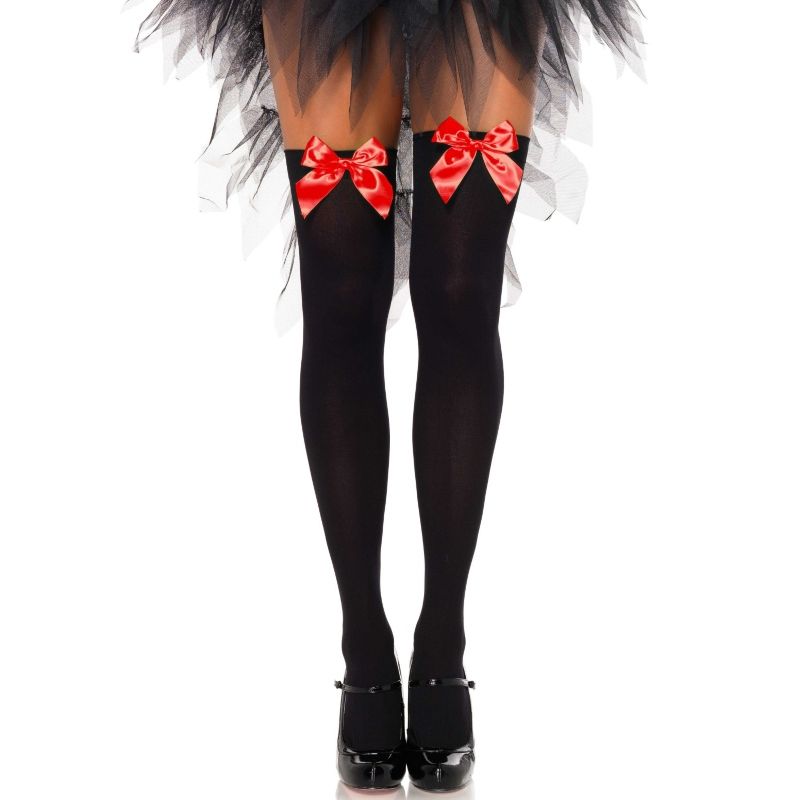 LEG AVENUE - MUSLOS DE NYLON NEGRO CON LAZO ROJO TALLA ÚNICA