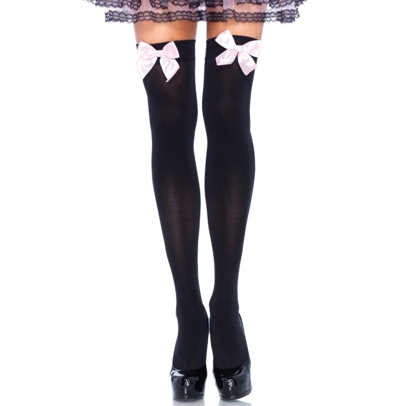 LEG AVENUE - MUSLOS DE NYLON NEGRO CON LAZO ROSA TALLA ÚNICA